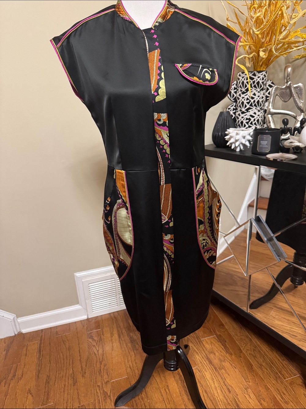 Vintage Yanak bebe Black Midi Dress Multicolor Paisley Trim Size L pre-owned